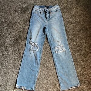 Judy Blue Straight Leg Blue Jeans with Distressed Details